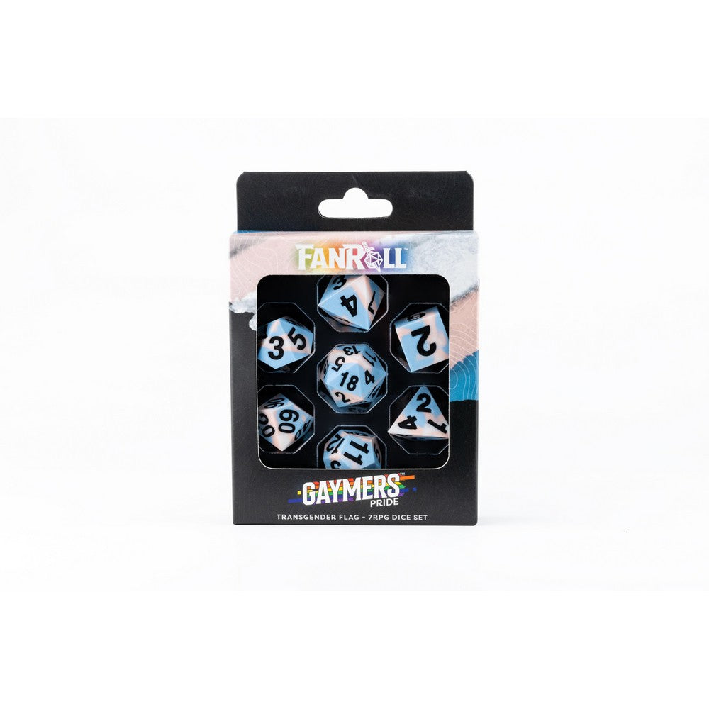 Packaged dice set with transgender flag colour scheme on a white background.