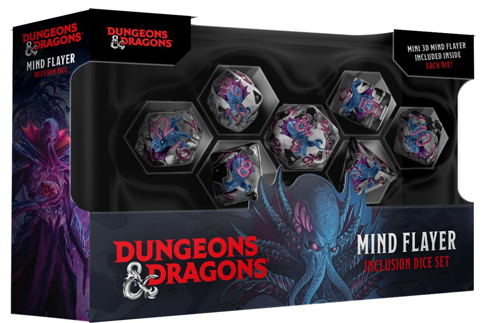 Dungeons & Dragons Mind Flayer dice set packaging with dice and box design.