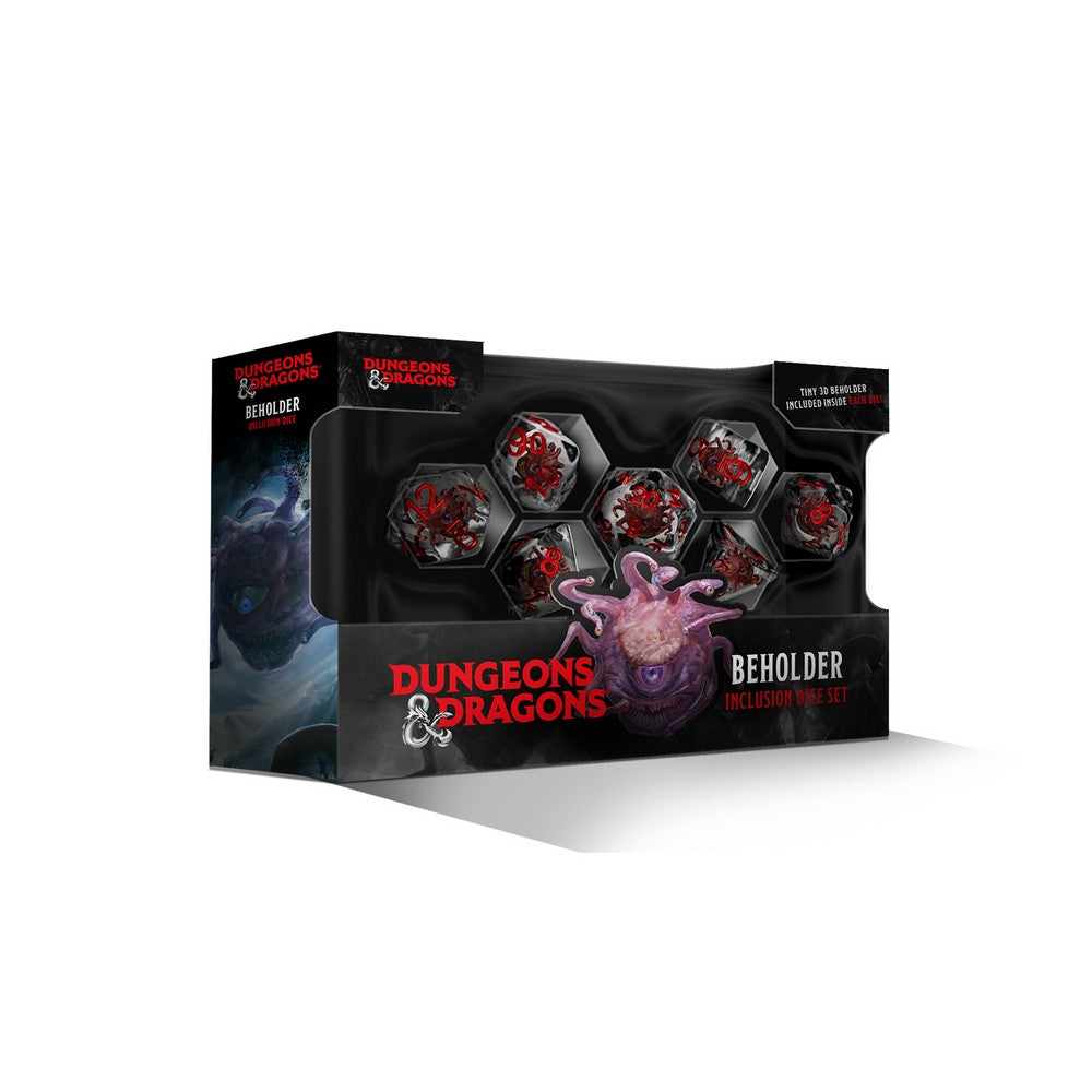 Beholder Resin 7 Dice set, clear with a red centre. 