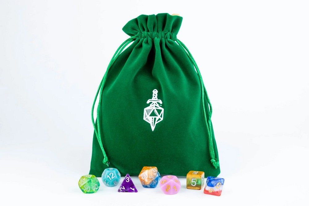 Green drawstring bag with a logo and colorful dice on a white background