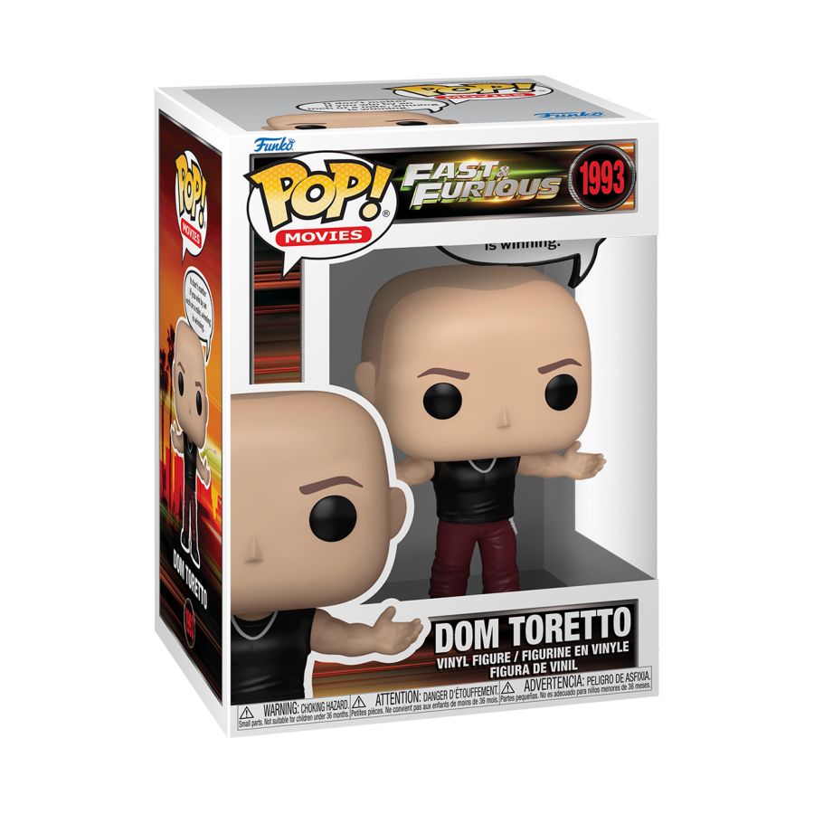 Dom Toretto Pop! Vinyl, with black tank top and classic red pants. A text bubble is also above his head, reading “It don’t matter if you win by an inch or a mile, winning is winning”. Fast & Furious - Dom Toretto Pop! Vinyl