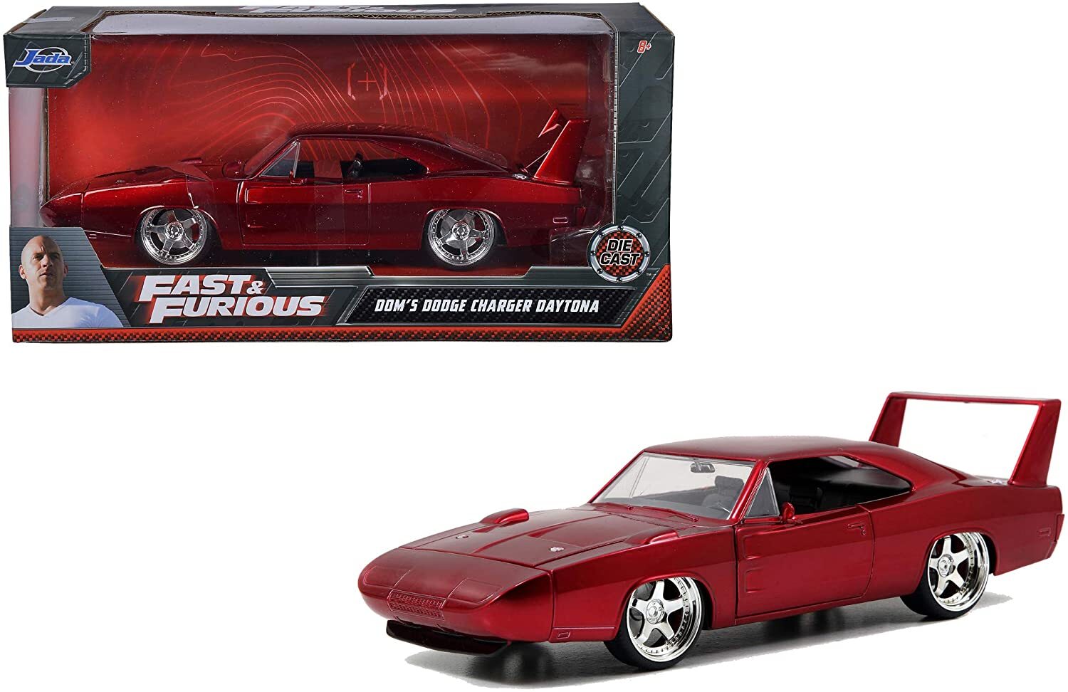 Fast and Furious/ Diecast branded packaging with Red Dodge Charger model next to box. 