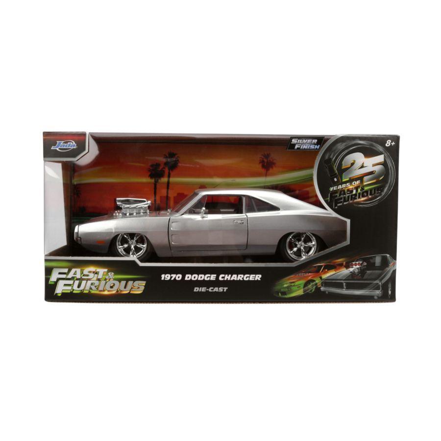Fast and furious branded die-cast packaging with clear window. Inside the box is a silver 1970 dodge charger model.