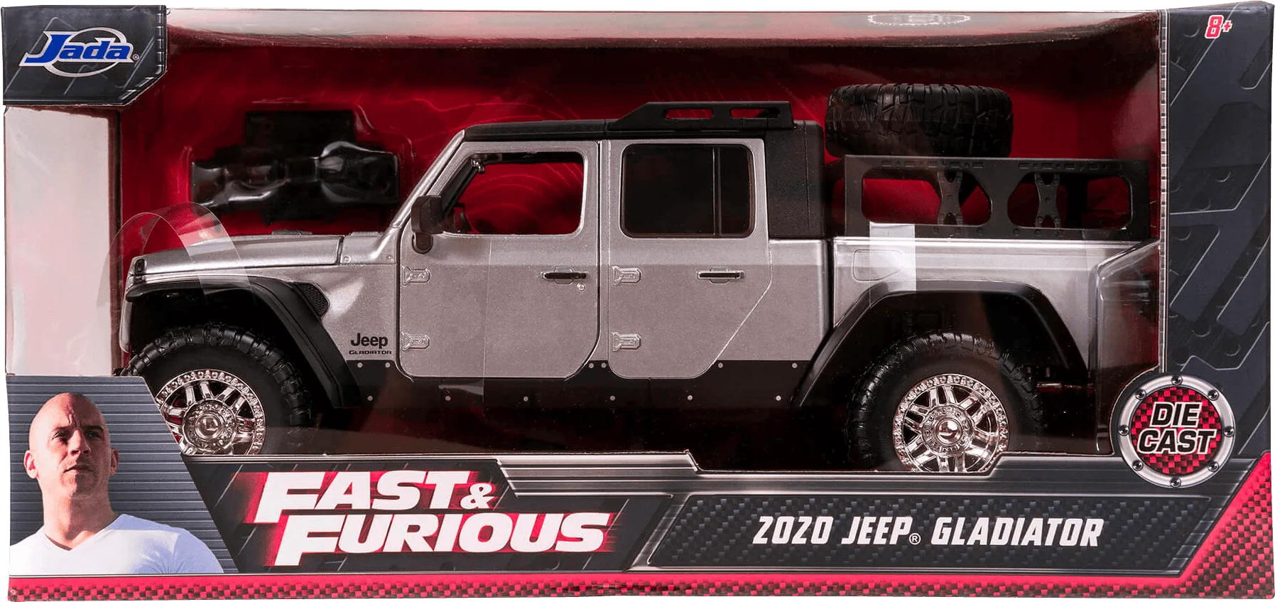 Black Jada toys branded packaging with clear window. Inside box is metal 2020 silver Jeep wrangler.