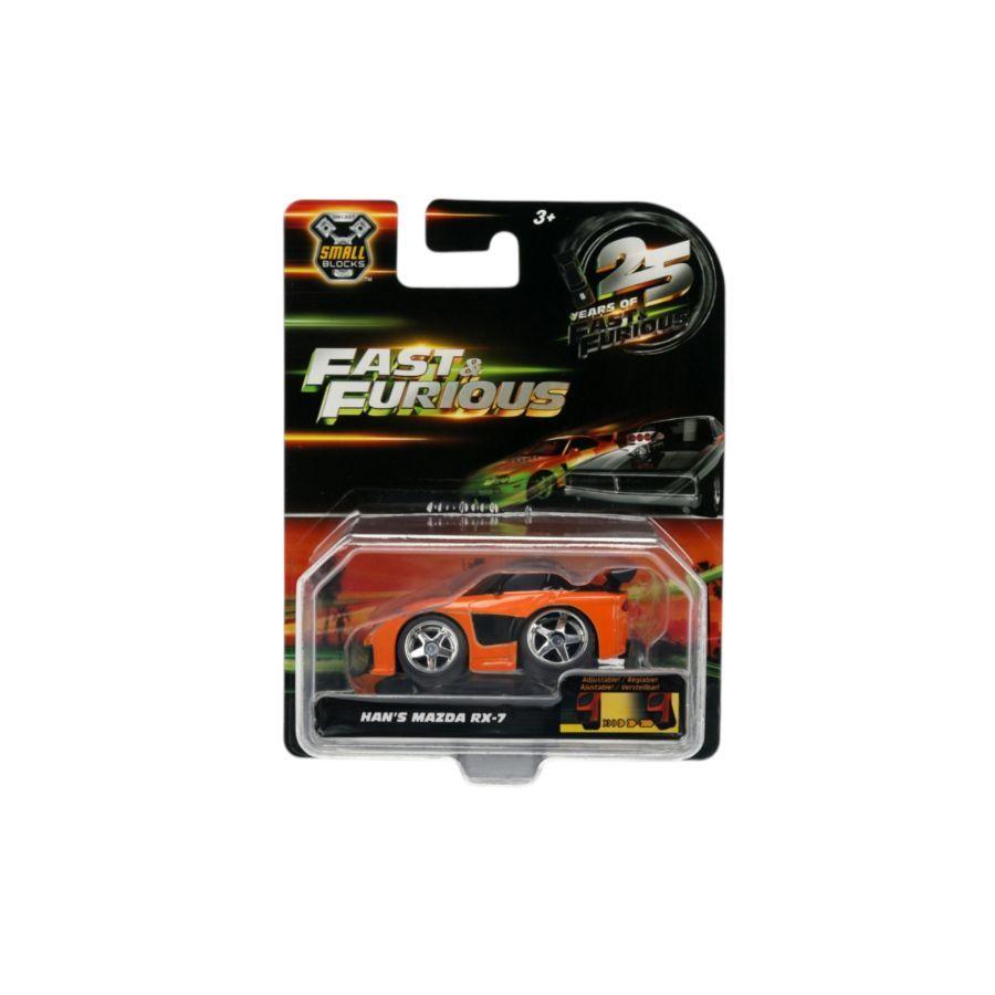 Diecast branded packaging with clear window, containing mini orange Mazda Rx7