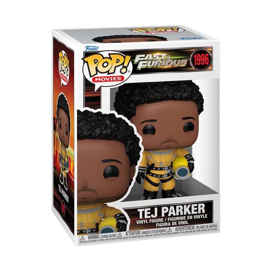 Action figure in Funko packaging with yellow divers suit and helmet. Fast & Furious – Tej Parker Pop! Vinyl
