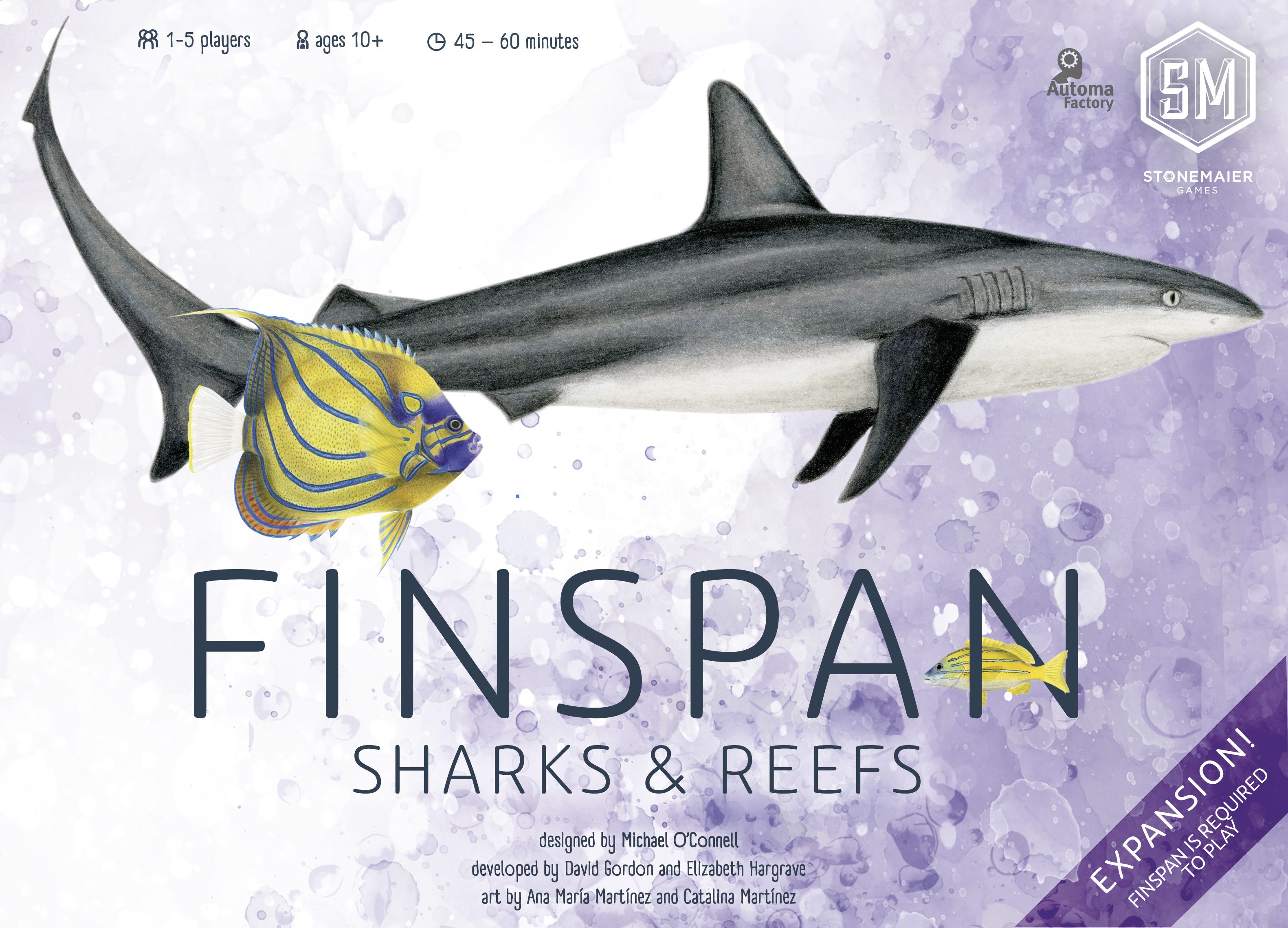 Board game box for 'Finspan: Sharks & Reefs' with shark and fish illustration on a purple background.