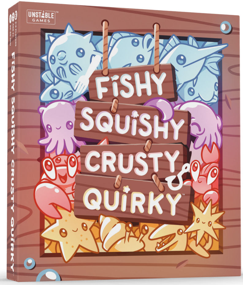 Brown packaging with White lettering stating, “Fishy, Squishy, Crusty, Quirky”. 