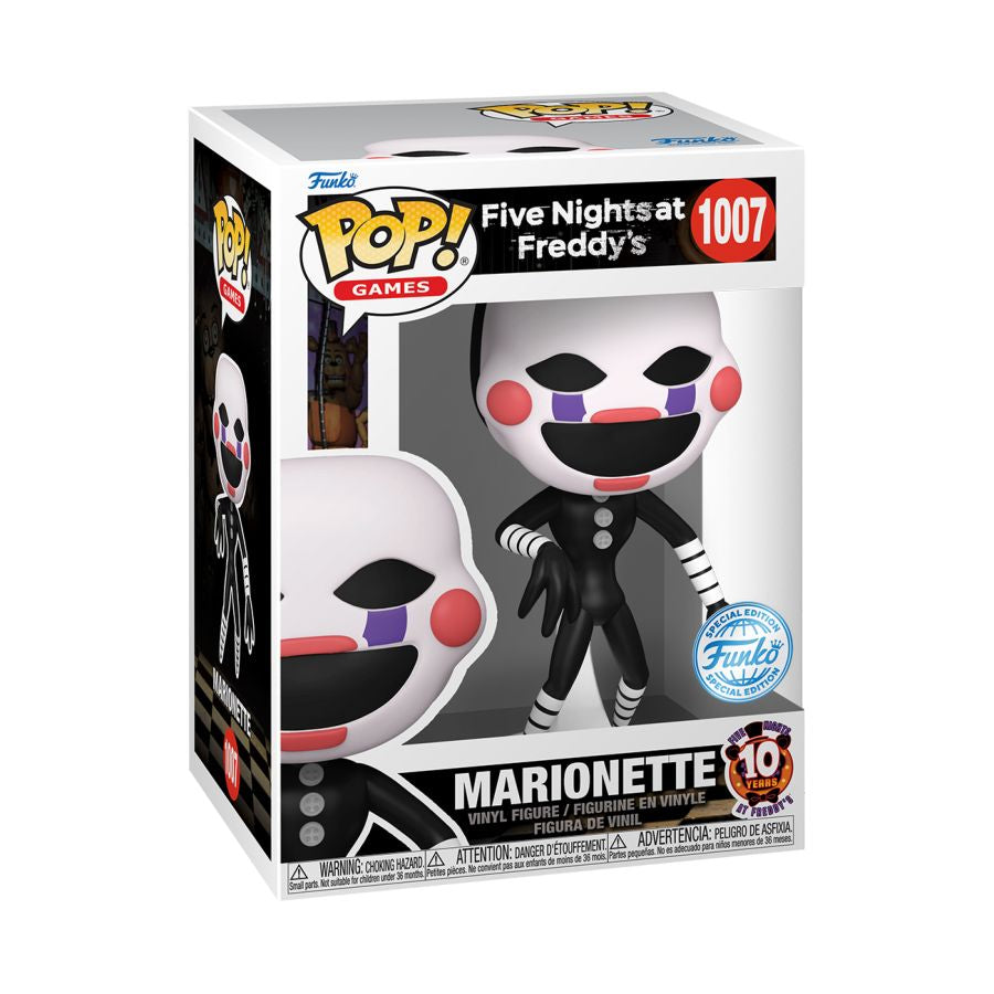 Marionette “the puppet” action figure with black and white colour scheme + stripes. Five Nights at Freddy's: 10th Anniversary - Marionette US Exclusive Pop! Vinyl.