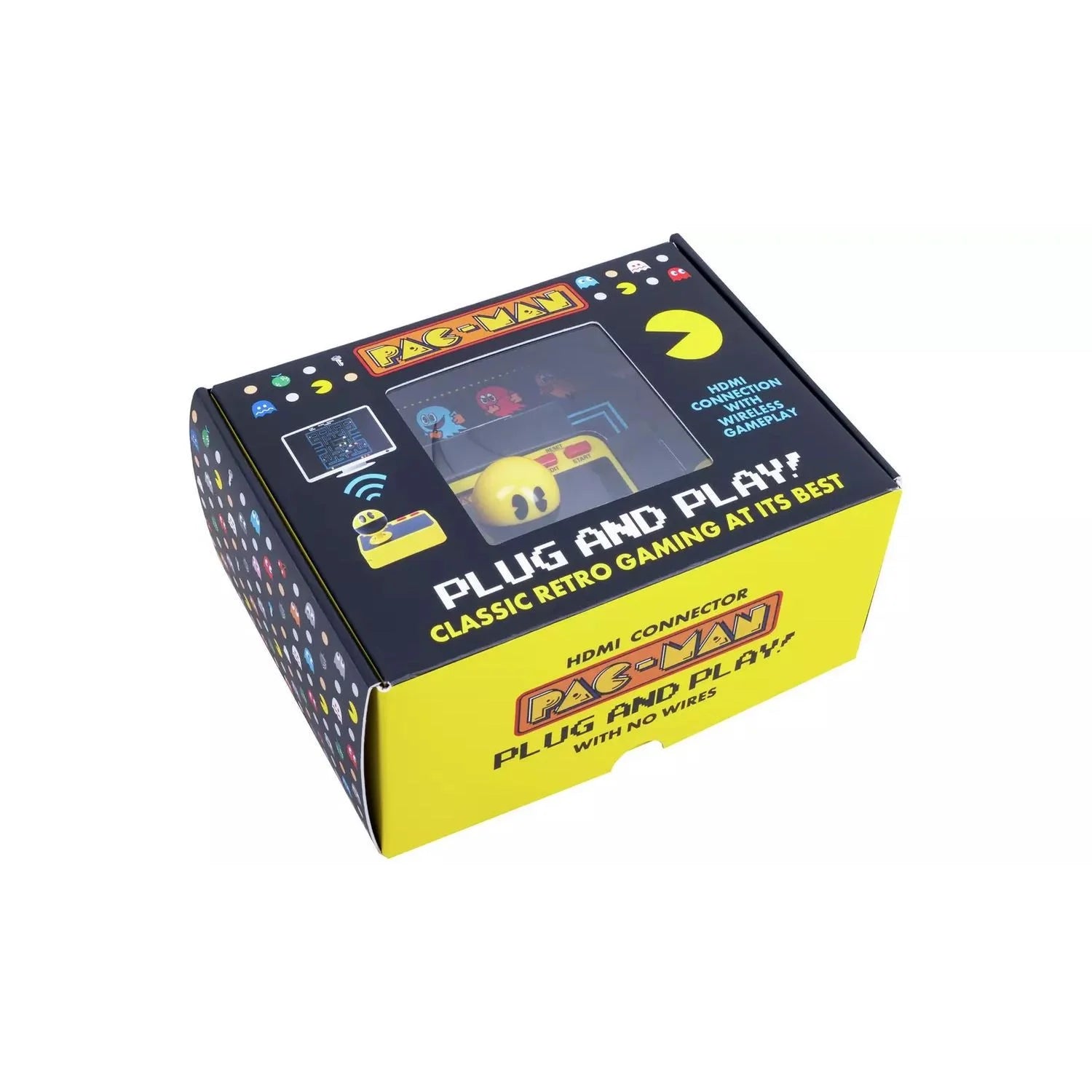 Pac-Man Plug and Play gaming console packaging on a white background