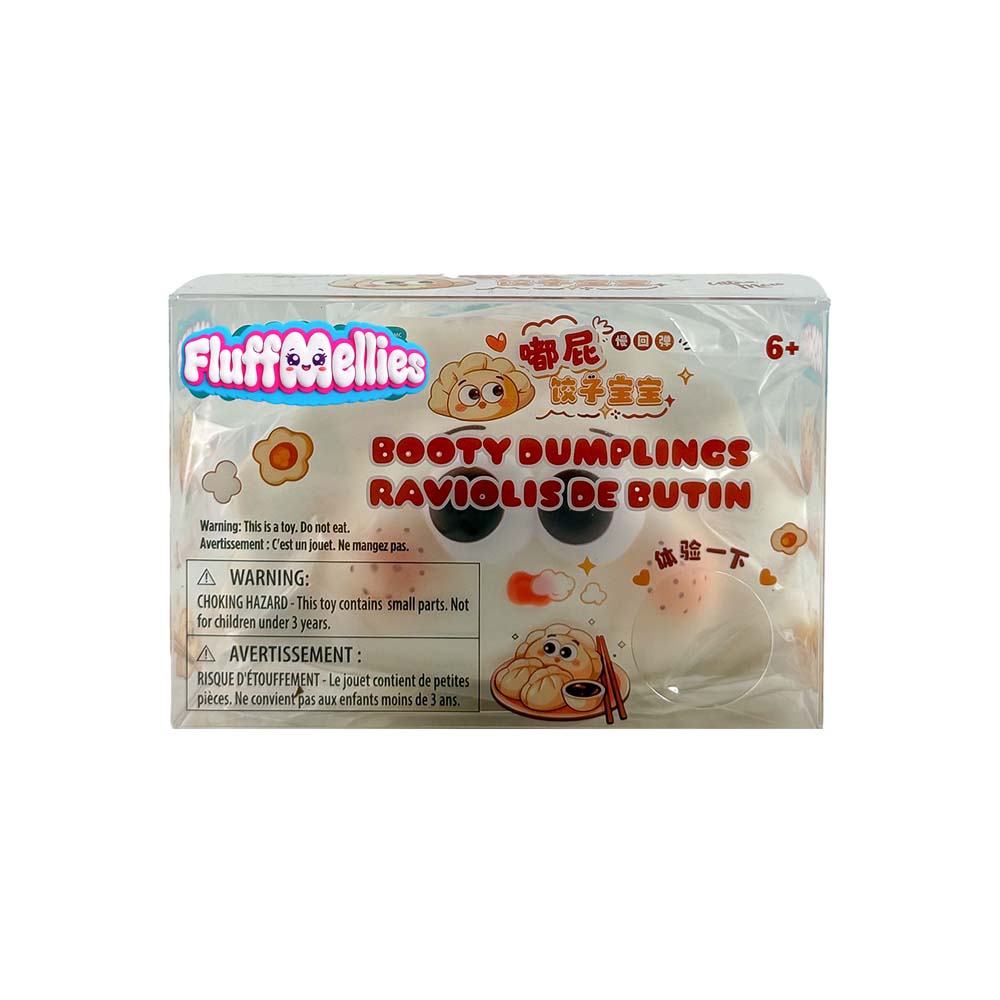 Clear plastic packaging with dumpling shaped squishy inside, with flushed cheeks and large eyes.