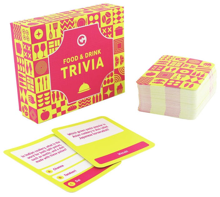 Food and drink trivia game set with cards and box on a white background