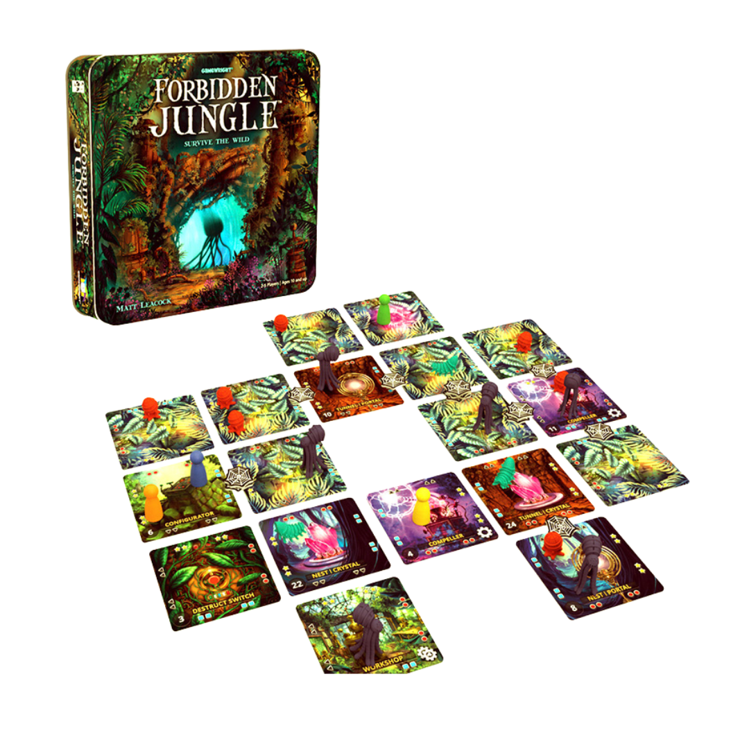 Board game set with cards and a box titled 'Forbidden Jungle' on a white background