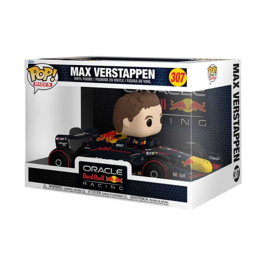 Image shows Max Verstappen sitting in his formula 1 vehicle, with Funko packaging. Formula 1 - Max Verstappen Pop! Ride Super Deluxe.