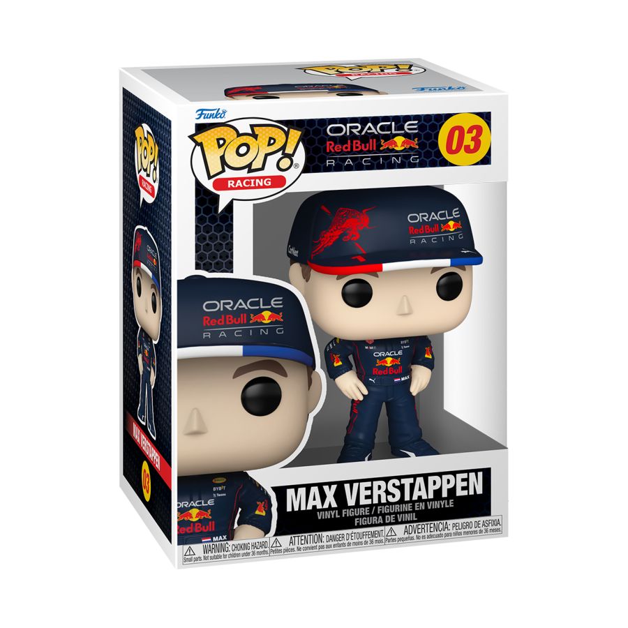 Image shows Max Verstappen in his Formula one gear with a cap, in Funko packaging. Formula 1 - Max Verstappen Pop! Vinyl