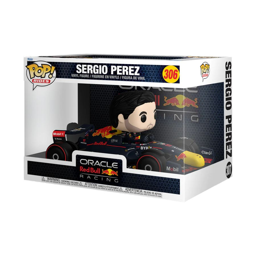 Image contains, Sergio Perez in his formula 1 Car Action figure, In Funko packaging. Formula 1 - Sergio Perez Pop! Ride Super Deluxe.