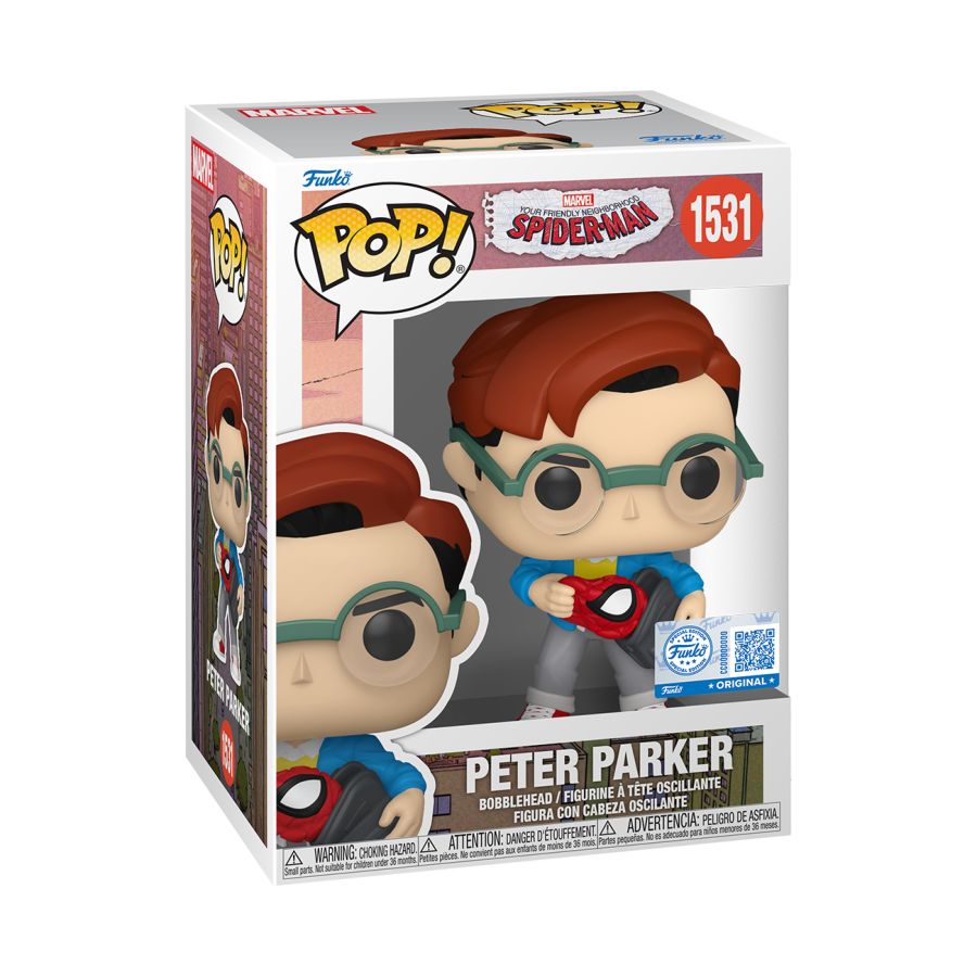 Peter Parker action figure posed with backpack and Spider-Man mask. 