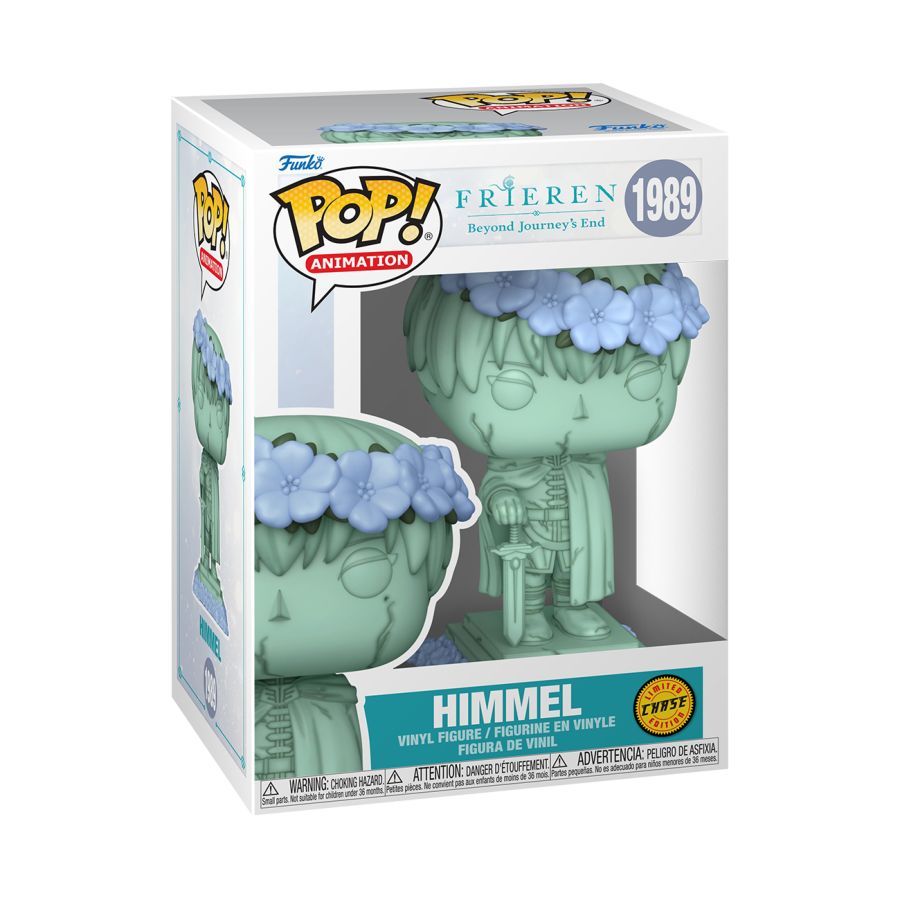 Funko branded packaging with clear window, inside box is green statue version of Himmel with blue flower crown. 