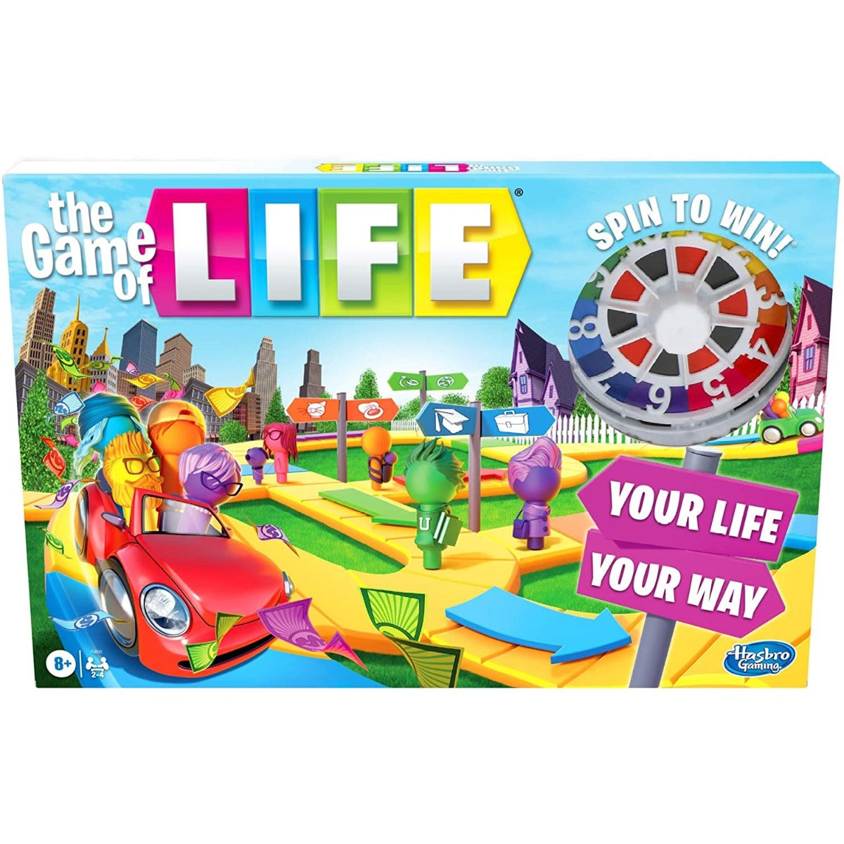 Board game box for 'The Game of Life' with colorful design and spinner.