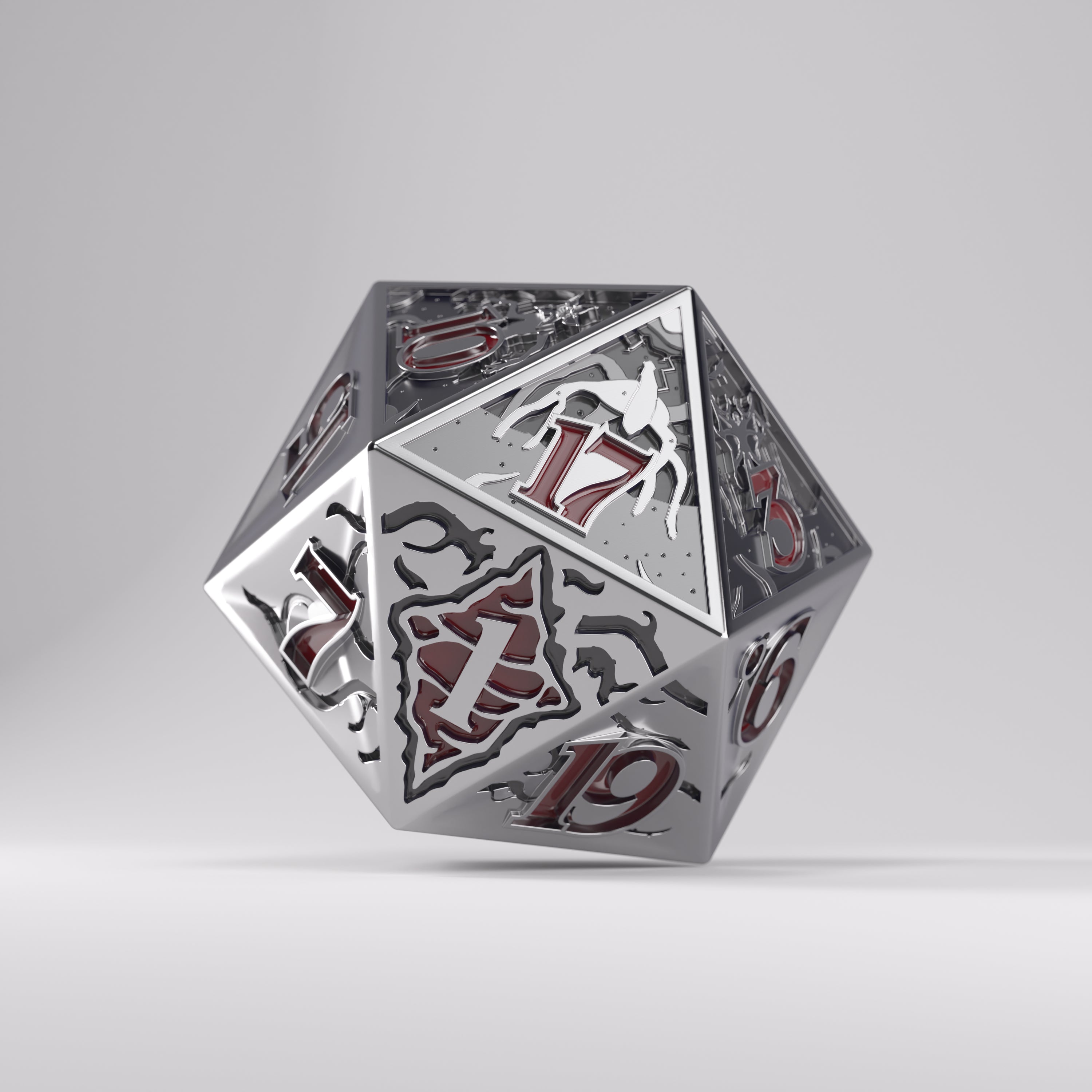 Metallic polyhedral dice with red numbering on a grey background. Gamegenic Stranger Things - Hellfire Club Premium Metal D20 Die.