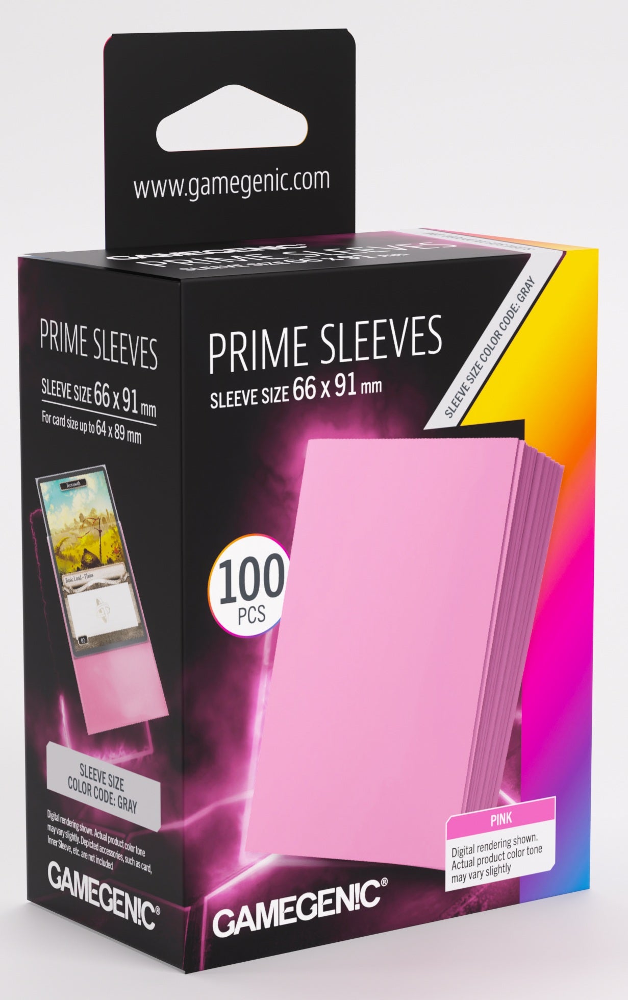 Black Gamegenic branded packaging, with product image on box. Image shows pink sleeves and how many pieces are in a box (100 Sleeves).