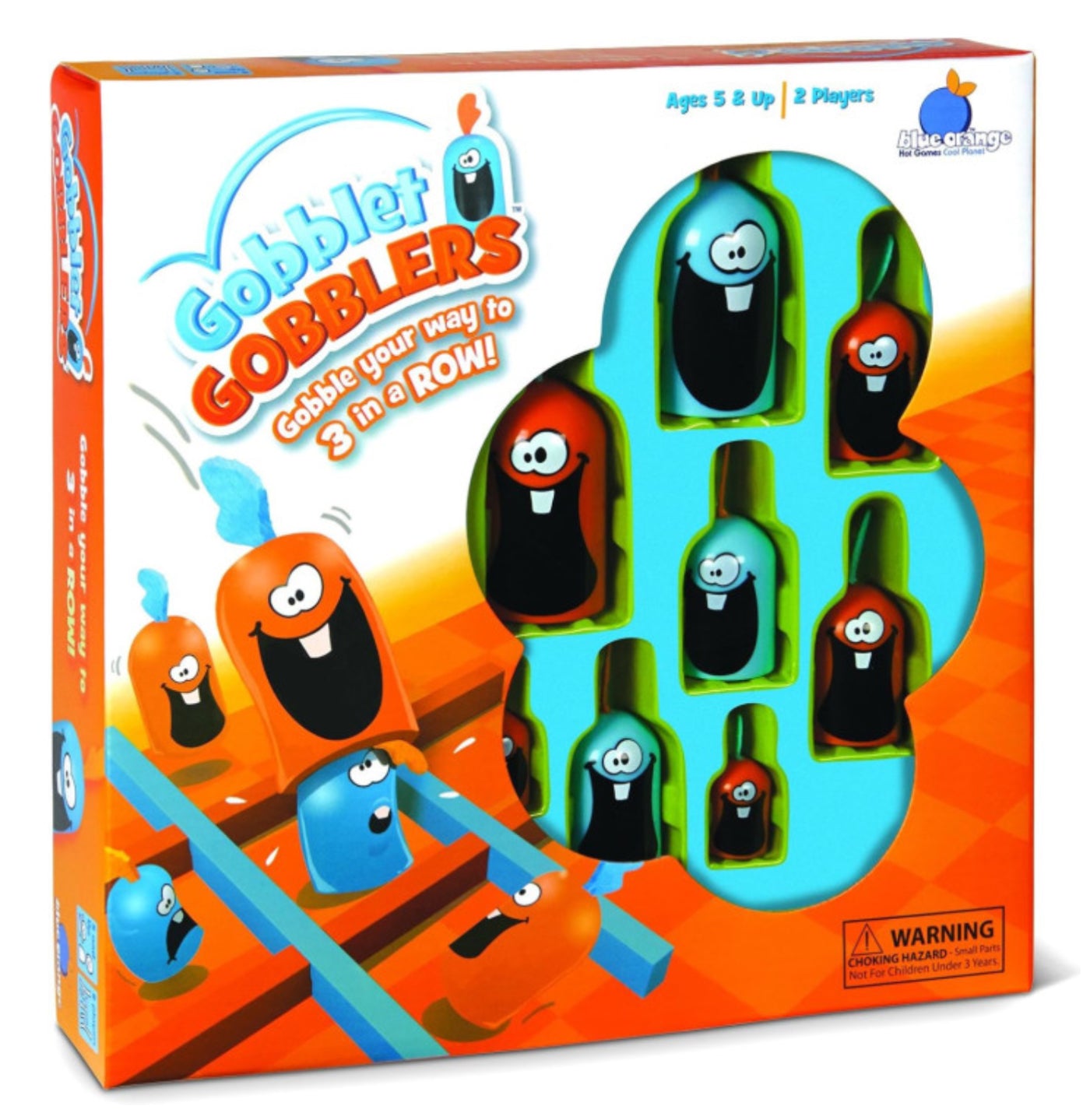 Board game box for 'Gobblet Gobblers' with colorful characters on an orange and blue background.