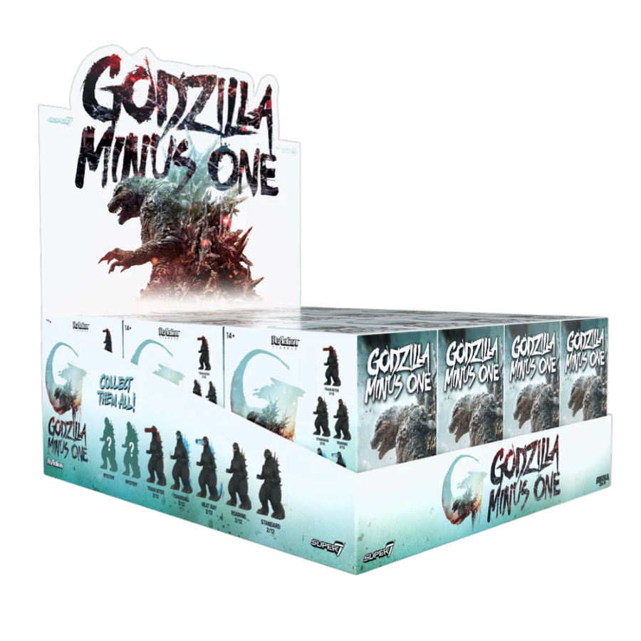 Display box for 'Godzilla Minus One' figurines with multiple figures inside.