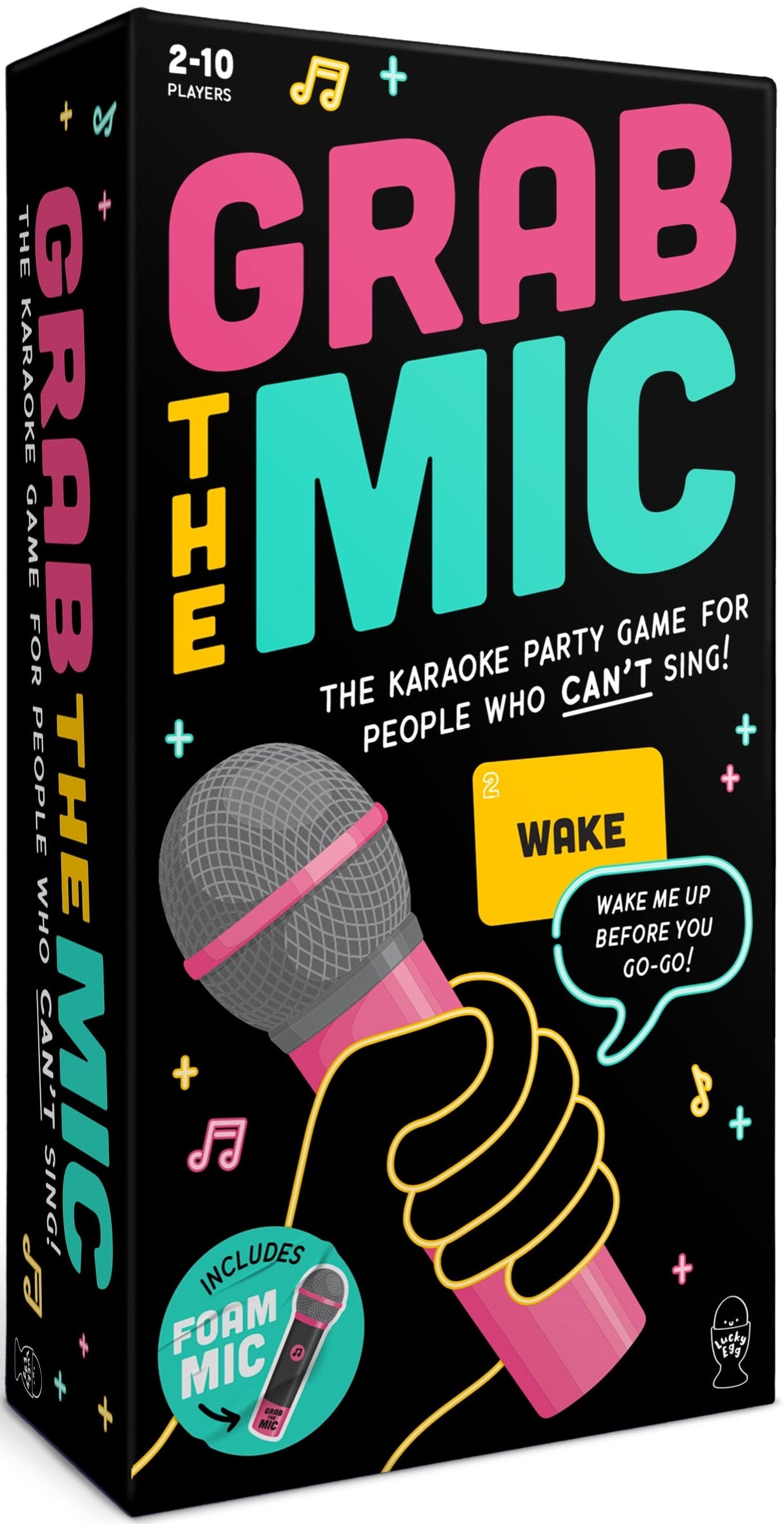 Box of 'Grab the Mic' game with a pink microphone on a black background