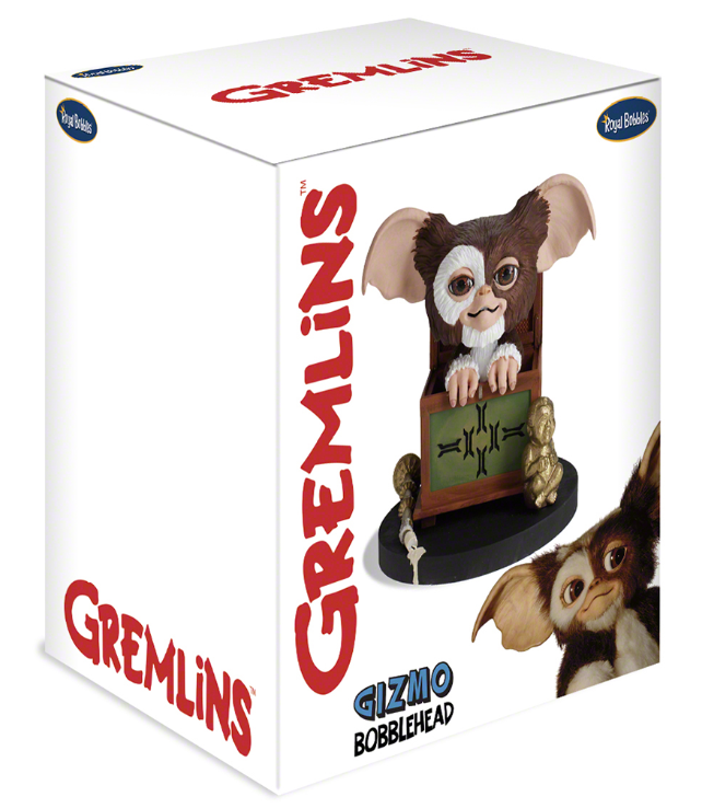A boxed collectible figure of Gizmo the Gremlin, shown in its retail packaging on a white background. The box features large red 'Gremlins' text, a photo of Gizmo on the front, and royal bobbles branding in the top corners.