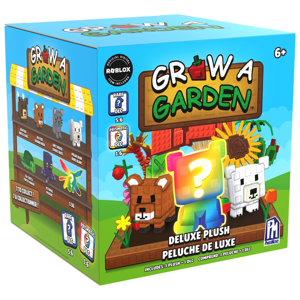Box for 'Grow a Garden' plush toy set with colorful graphics and branding.
