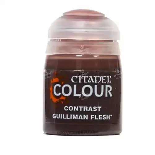 Plastic paint pot with a brownish red paint. Guilliman Flesh 18ml