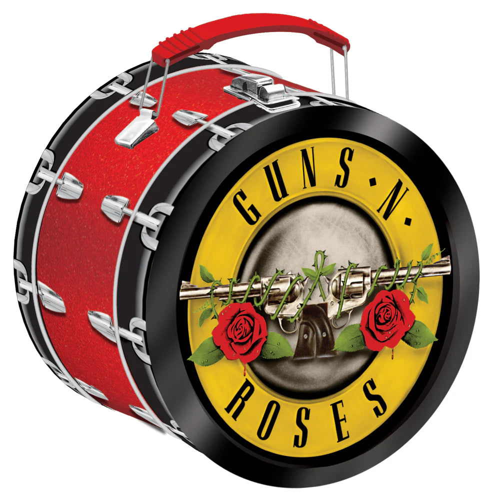Red and black drum with Guns N' Roses logo on a white background