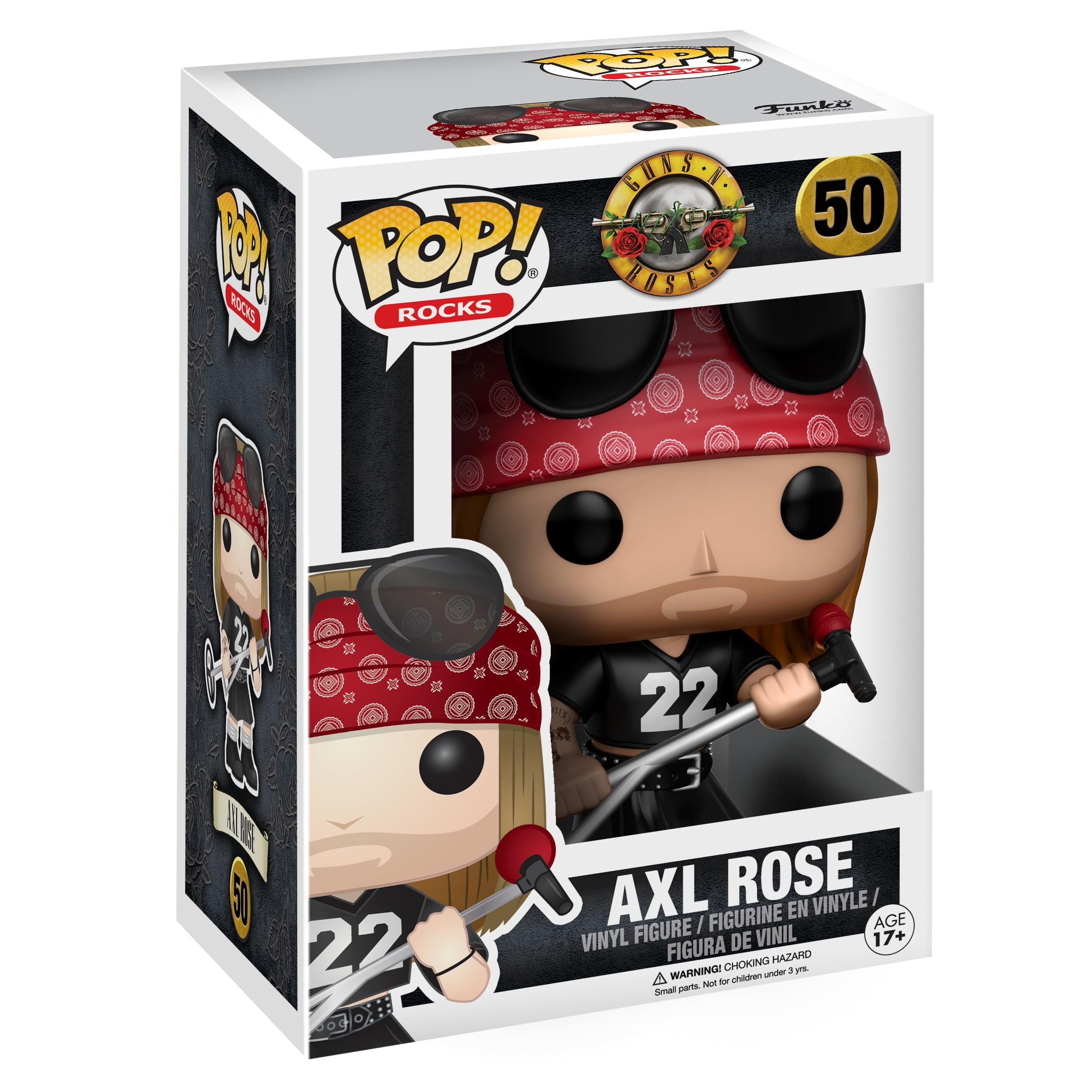 Funko branded packaging with clear window. Inside box is Axl Rose Pop vinyl, with iconic red bandana and microphone stand.