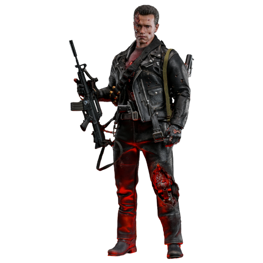 A 1/6th scale collectable action figure of T-800 from Terminator 2: Judgement Day, featuring a battle damaged design with a leather jacket, pants, and multiple weapons.