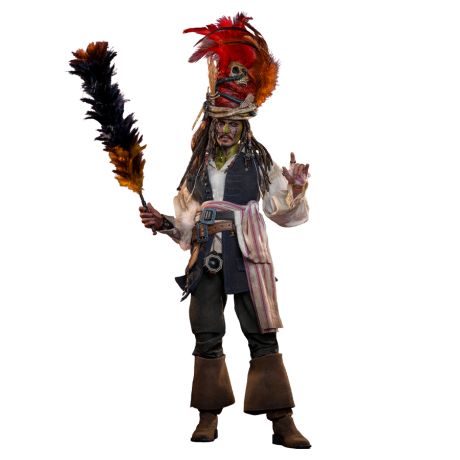 Character in a costume with a feathered headdress and boots on a white background