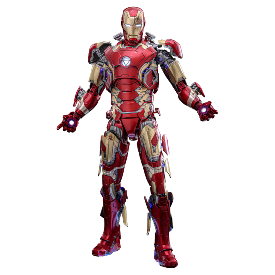Red and gold superhero suit with glowing elements on a white background