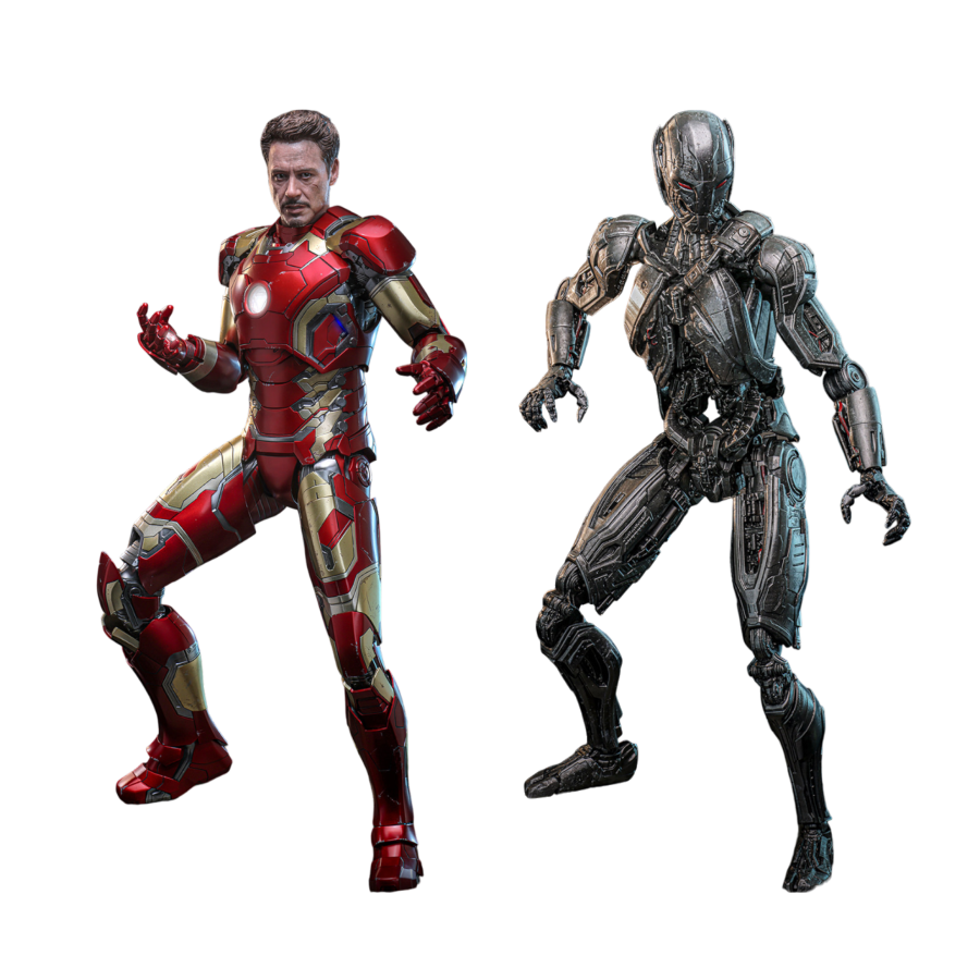 Two superhero action figures, one in red and gold suit and the other in black and gray suit, on a white background.