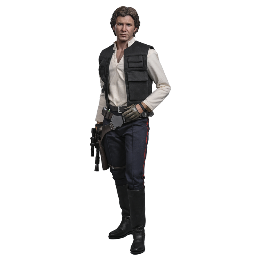 Action figure of a character in a black vest and pants on a white background