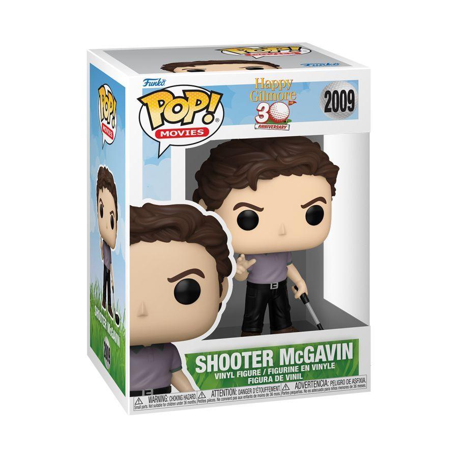 Funko branded packaging with clear window. inside box is shooter McGavin Pop! Vinyl, with golf club, black pants and purple shirt.