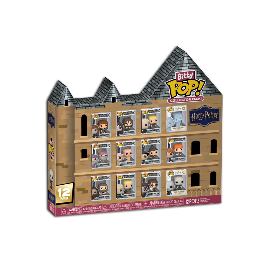 Hogwarts building shaped packaging, with clear windows containing 12 mini Harry Potter characters.