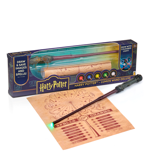 Harry Potter branded packaging with clear window. Inside box is rolled up spell book and plastic wand with light.