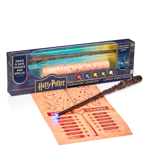 Harry Potter branded packaging with clear window. Inside box is rolled up spell page and plastic wand with light.