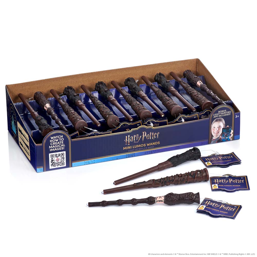 Harry Potter branded cardboard box with assorted mini wands inside.