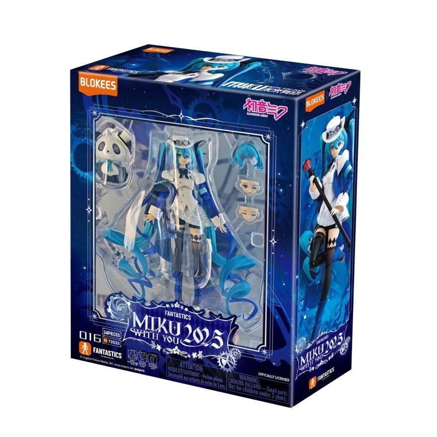 Blokees branded packaging with clear window. Hatsune Miku Figure is seen inside the window with interchangeable hair, faces and mini panda with top hat. 
