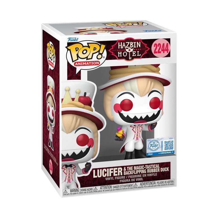 Action figure with Red eyes, White suit/top hat and yellow rubber duck in Funko packaging. 
