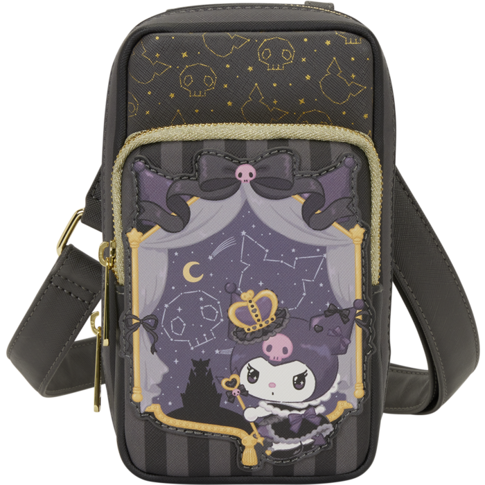 Black striped crossbody bag with constellations shaped like Kuromi and an image of Kuromi with wand and crown.