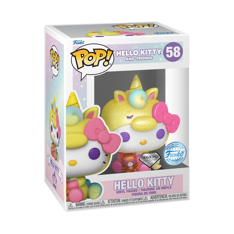 Funko branded packaging with clear window, inside box is glittery hello kitty figure.
