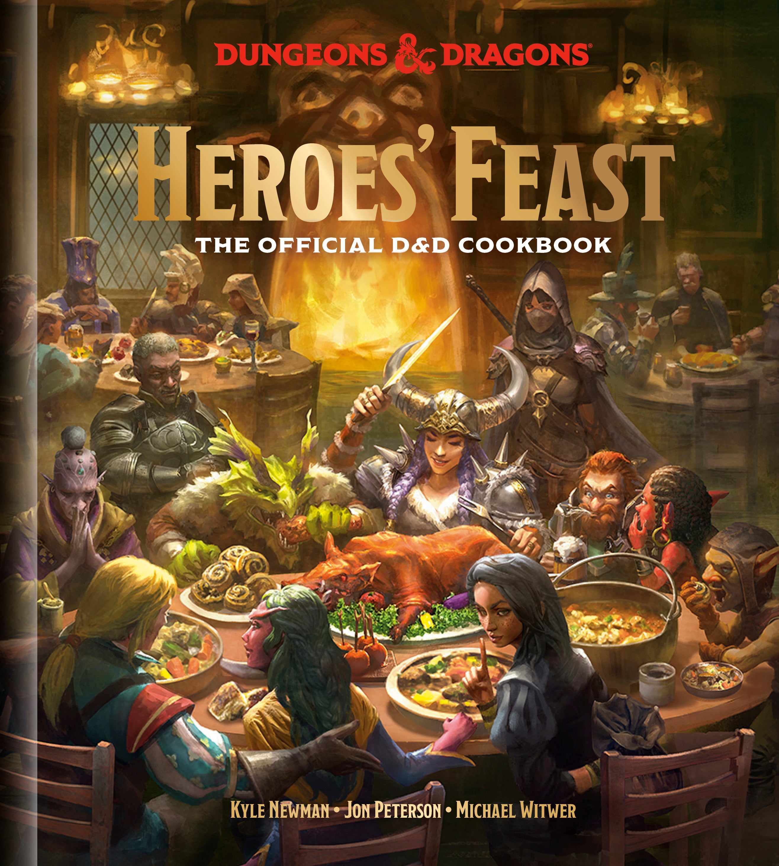 Book cover of 'Heroes' Feast: The Official D&D Cookbook' featuring characters around a table with food. Heroes Feast (Dungeons and Dragons) Cookbook.