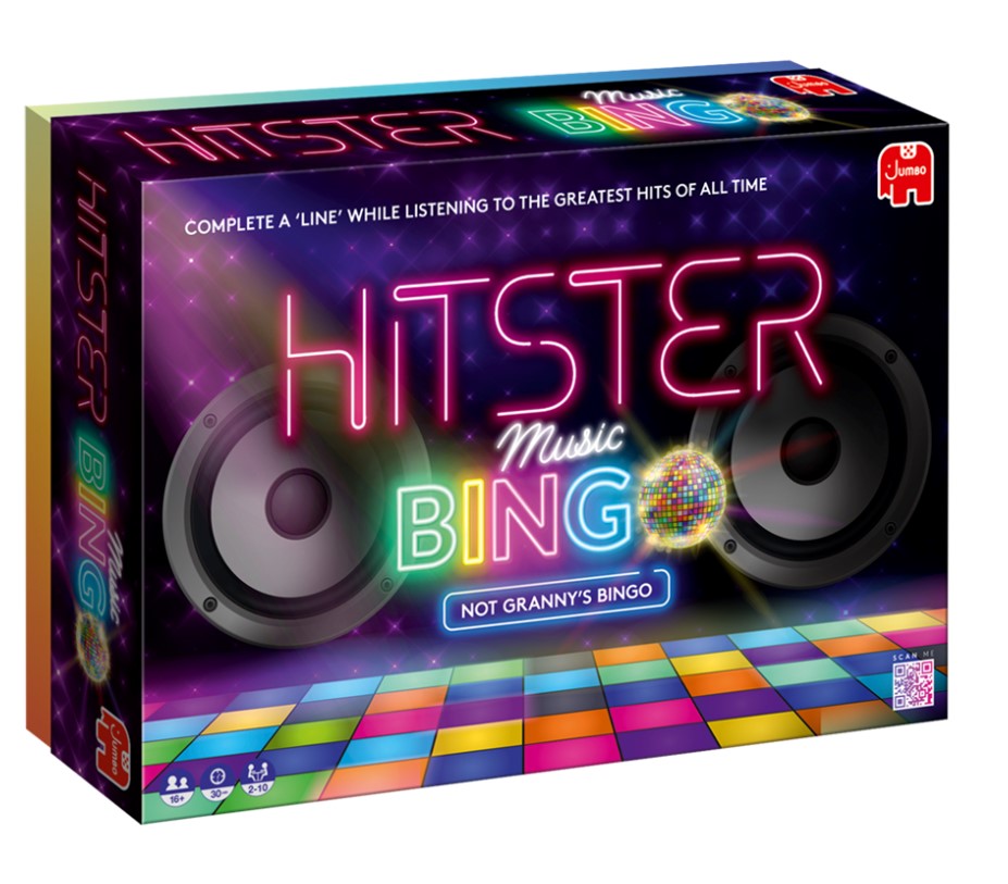 Box of 'Hitster Music Bingo' game with neon text and speakers on a colorful background