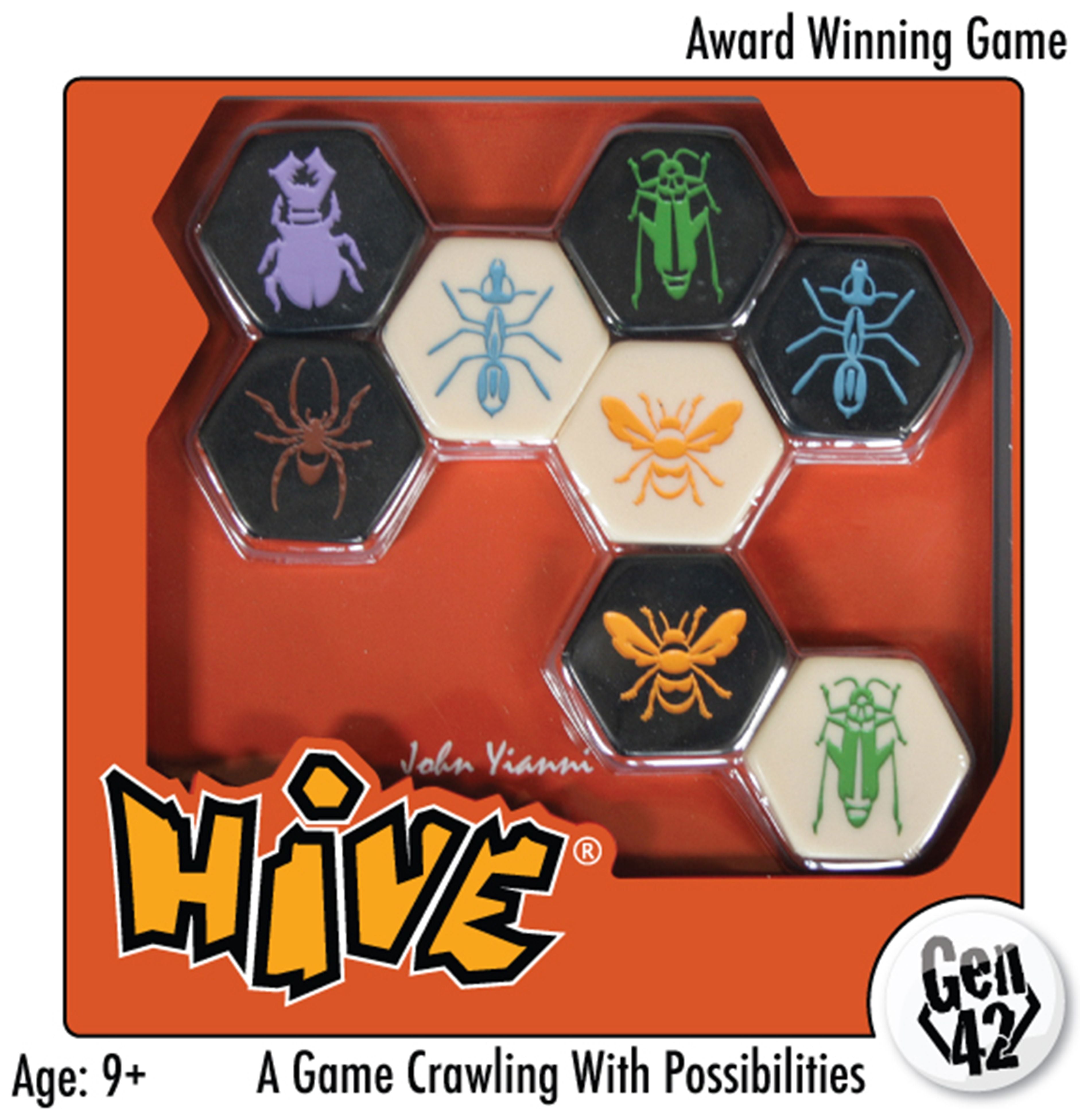 Hive game packaging with hexagonal tiles featuring insect illustrations on an orange background.